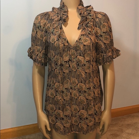 Anthropologie Tops - Anthro Odille Ruffle Floral Tan V-neck Blouse